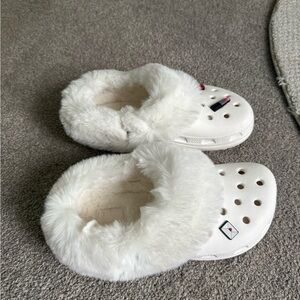 White Furry Crocs Clogs